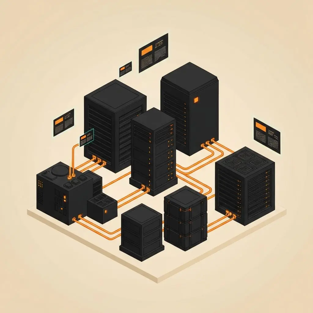 Isometric view of cloud infrastructure with server racks and data pipelines